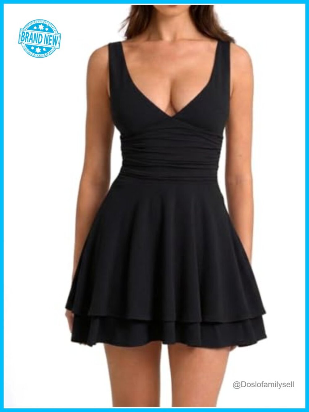 eoeoo Women's Ruched V Neck Sleeveless Ruffle Mini Party Tank Dress